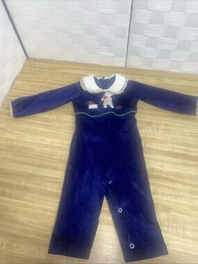 Vintage 70s 80s Baby Girl Velour One Piece Jumpsuit Blue 12 Mos Poly Blend